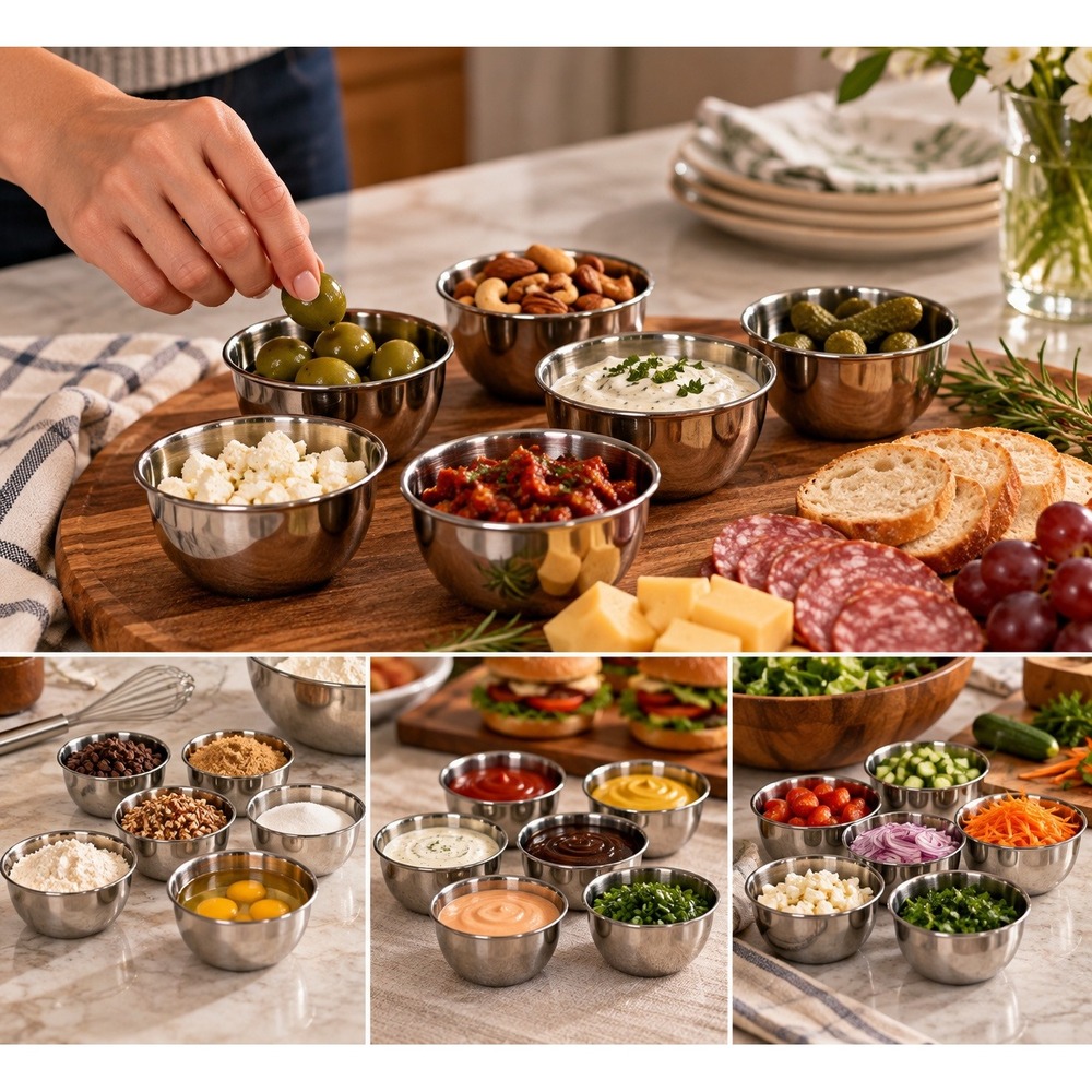 Martha Stewart Prep Bowls Silver Stainless Steel Set 6 Pinch Cups Dips Kitchen
